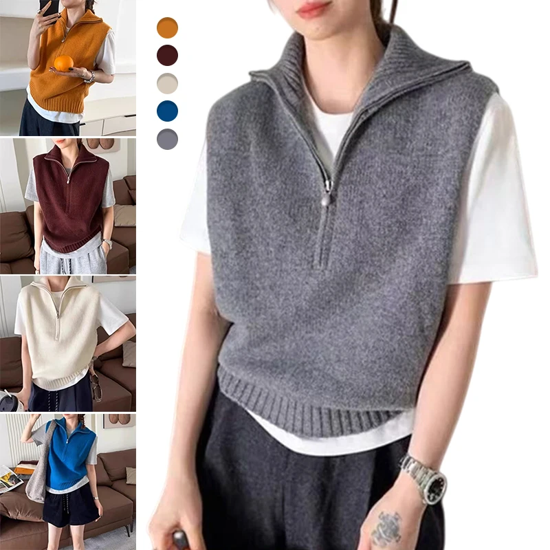 

Retro Style Loose Knit Sleeveless Vest with Half Zip Chic Shoulder Bared Top for Elegant Layering and Anti Aging Look