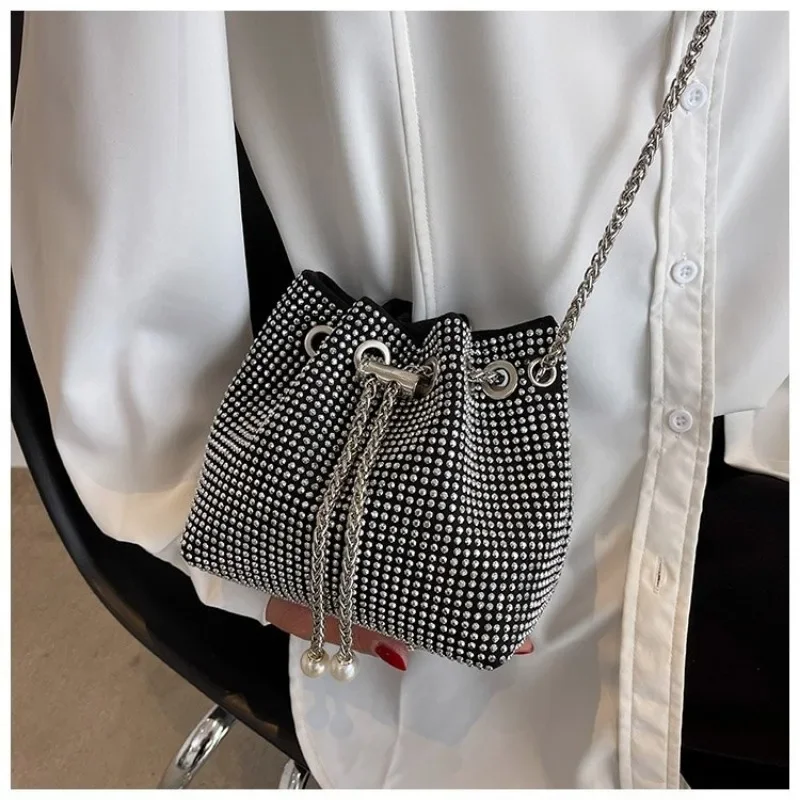 New Internet Celebrity Full Diamond Bag Women\'s Bag with Diamond Messenger  Small Gold Ball Chain Cylindrical Small Bag Tide