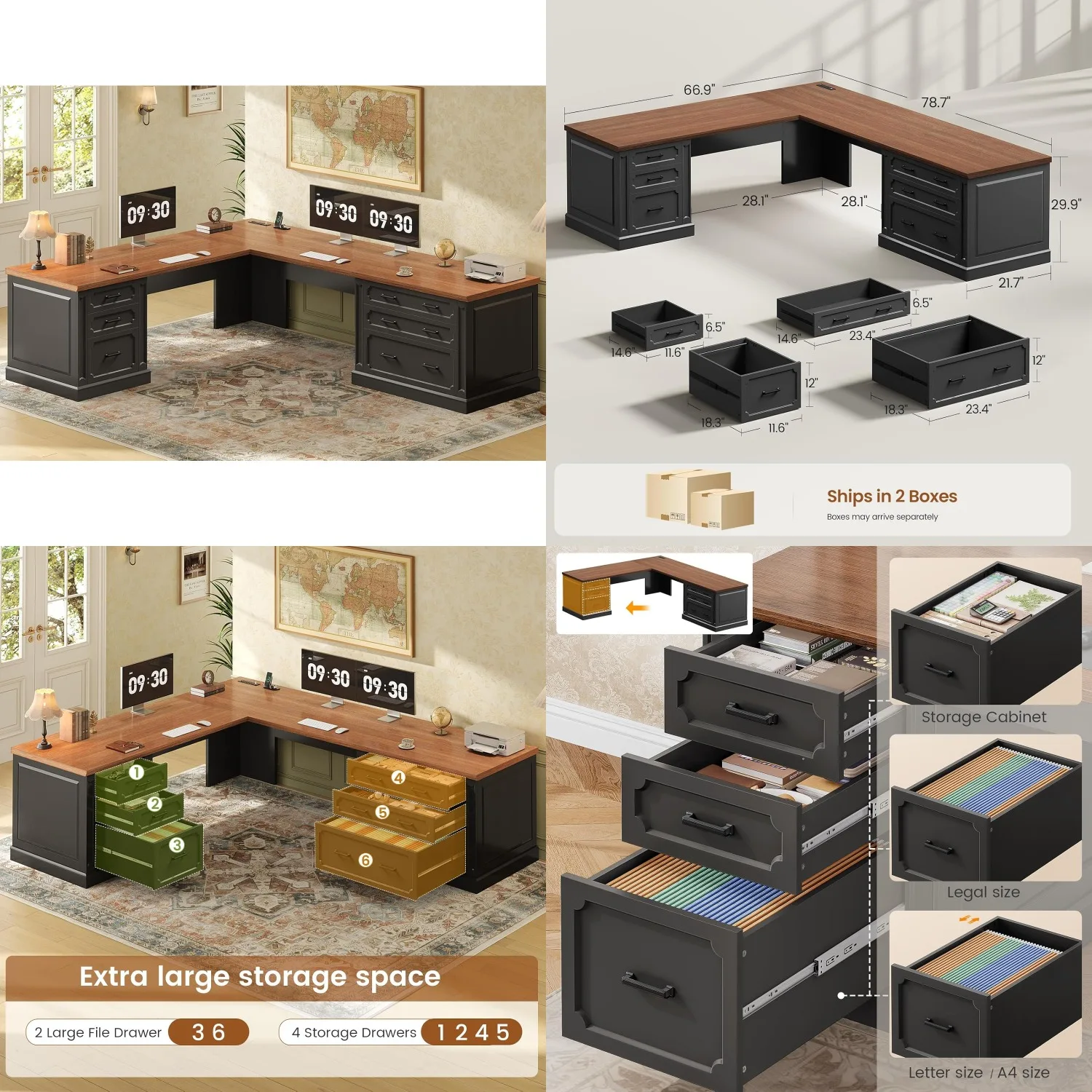 

Угловой офисный стол L-образной формы 78,7 дюйма с 6 ящиками, розеткой и шкафом для документов, деревянный, для дома и кабинета, на заказ