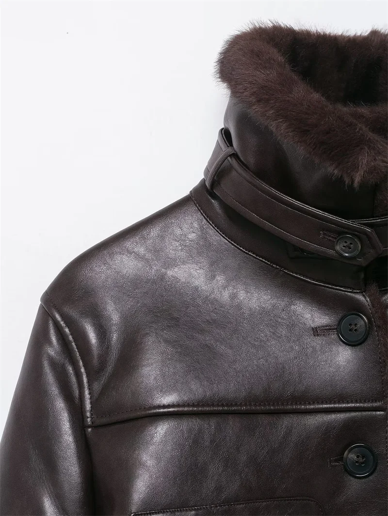 Giacca da donna in ecopelle, nuova giacca casual in pelle a maniche lunghe dritta con colletto alla coreana in peluche Moda casual autunno e inverno