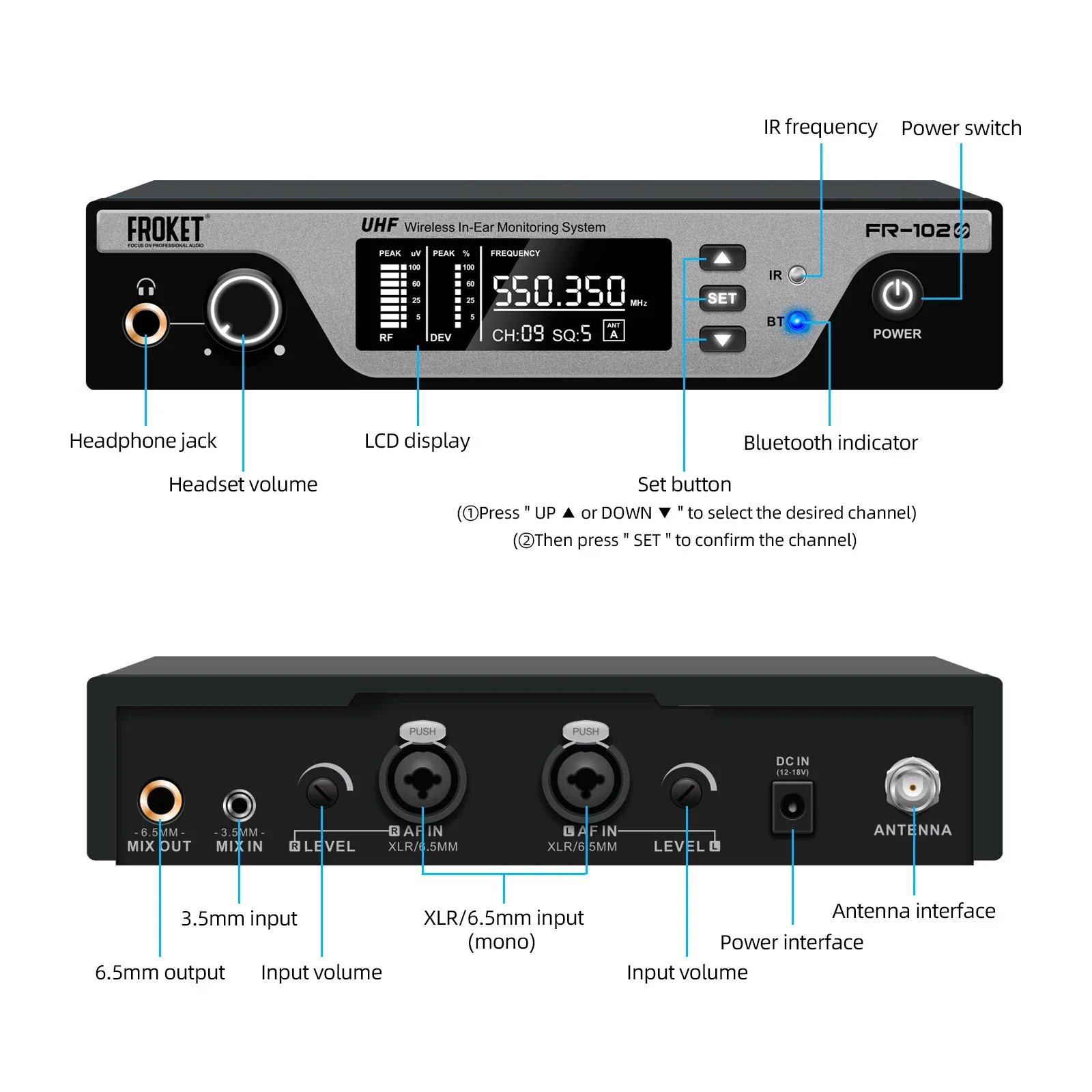 Portable 4-Channel FR-102 Wireless Ear System 120DB Professional Singing Sound System Noise Cancelling Headset