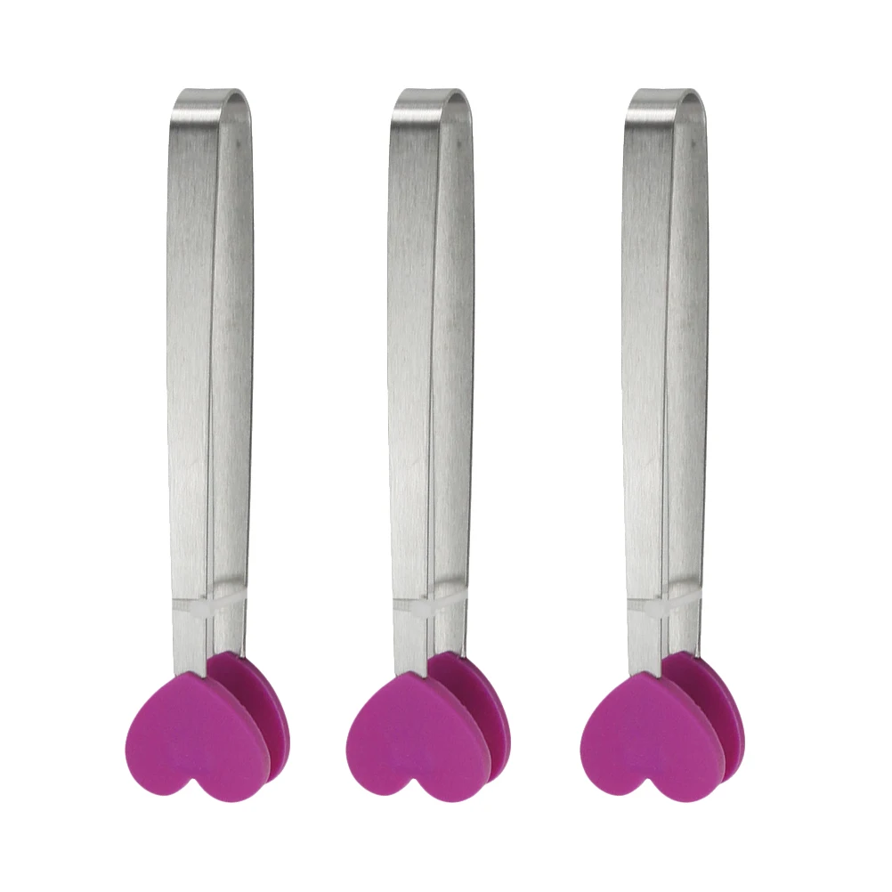 

3 Pcs Anti-slip Food Clip Stainless Steel Silicone Bread Tong Heart Shaped Mini Kitchen Tool BBQ Serving Pastry Noodle Egg Toast