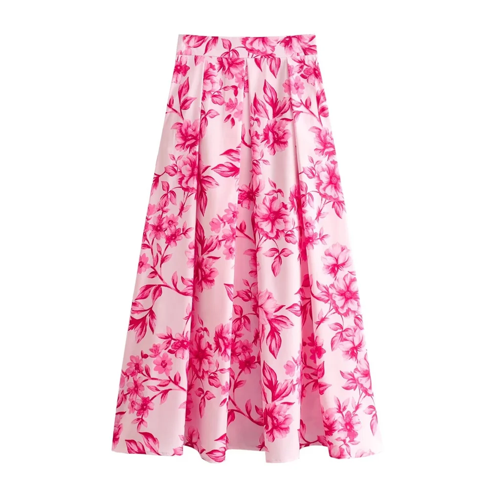 European And American Style 2024 Spring And Summer Women\'s New Fashionable And Versatile High Waisted Flower Print Long Skirt