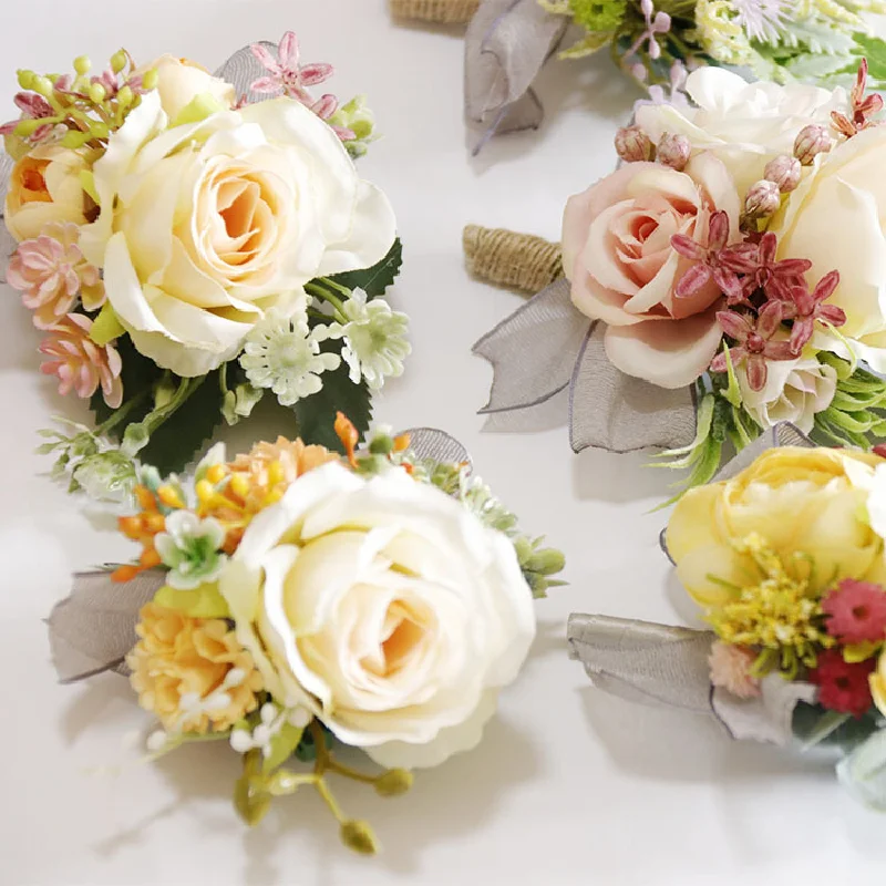 Boutonniere y Corsag de muñeca para Celebración de negocios, Corolla de mano, flor, suministros de boda, estudio fotográfico, simulación, champán, Rose279