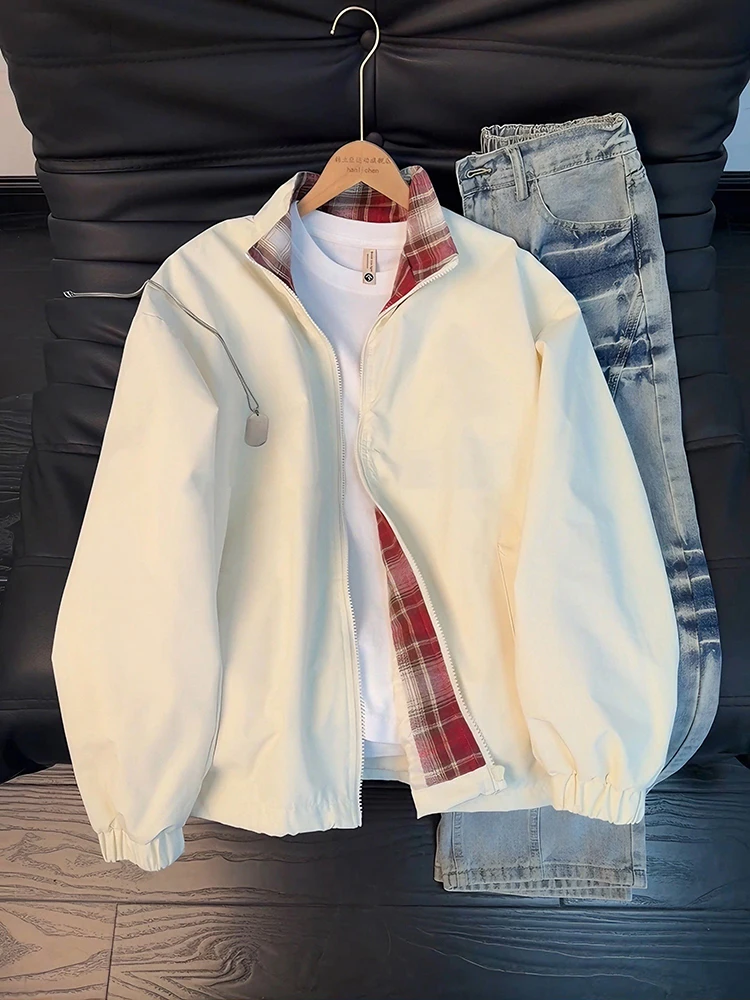 Men's Plaid Splicing Baseball Jaet Spring Cleanfit Collar Design ort Sle American Sle Loose Fit Anti-Wrinkle