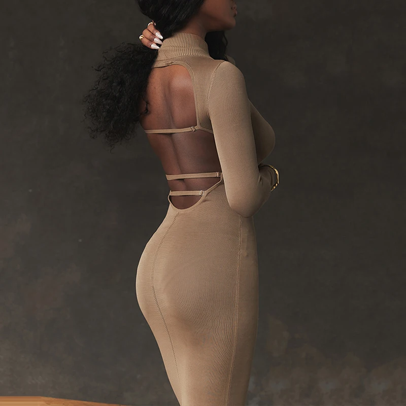 

OMSJ 2024 Women Knitted Elegant Open Back Dresses High Collar Long Sleeve Bodycon Fashion Base Autumn Winter Bottoming Mid Dress