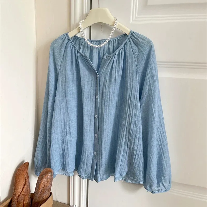 Spring Summer Sun Protection Shirt Women Button Up Long Sleeve O-Neck Blouse Ladies Shirts Casual Loose Tops Women Thin Coat