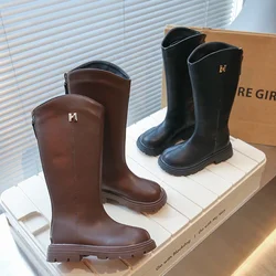 Girls Long Boots Black PU Leather Kids High Boots 2024 Autumn Winter Fashion Warm Fur Children Motorcycle Boots Simple Classic