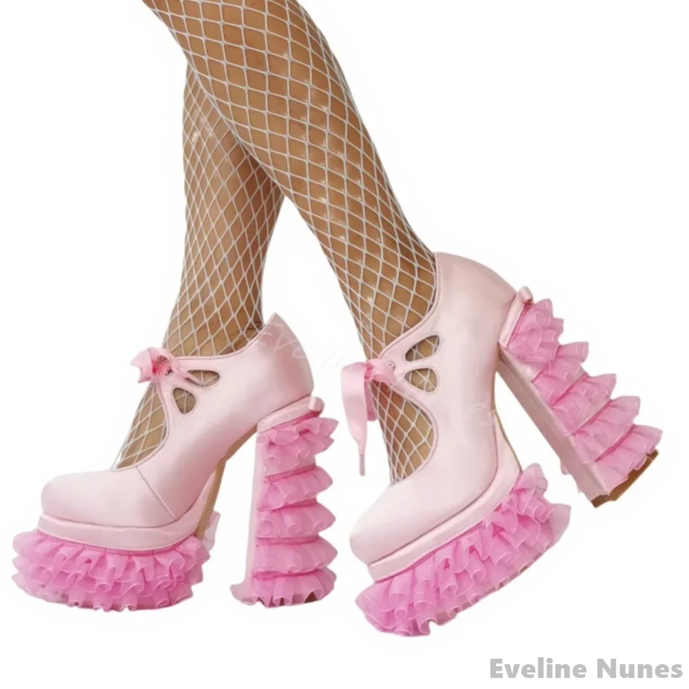 Sweet Pink Lace Sandals Women Round Toe Platform Chunky Heel Large Size Shallow Lolita Sandals 2025 New Summer Hotties Sandals