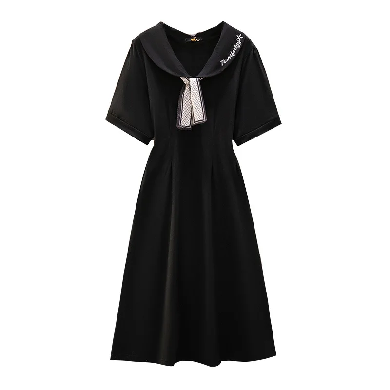 150Kg Plus Size Women\'s Bust 149 Summer Loose Slim Short-Sleeved Doll Collar Waist Dress Black 5XL 6XL 7XL 8XL 9XL