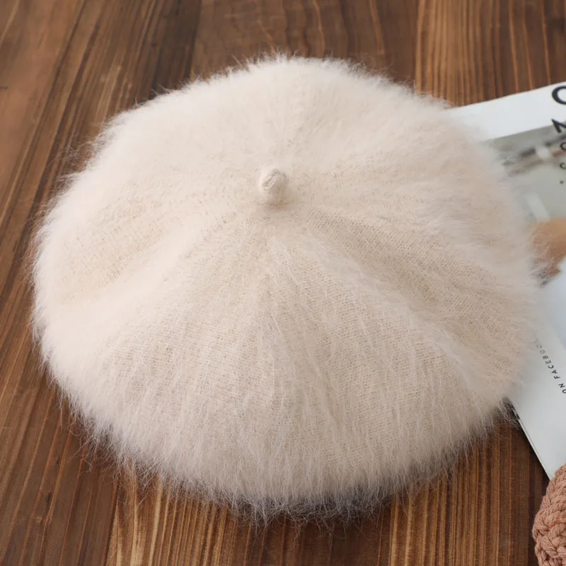 Long hairy mink velvet beret female women mink fur octagonal hat pumpkin hat knitted painter hat warm flight attendant hat