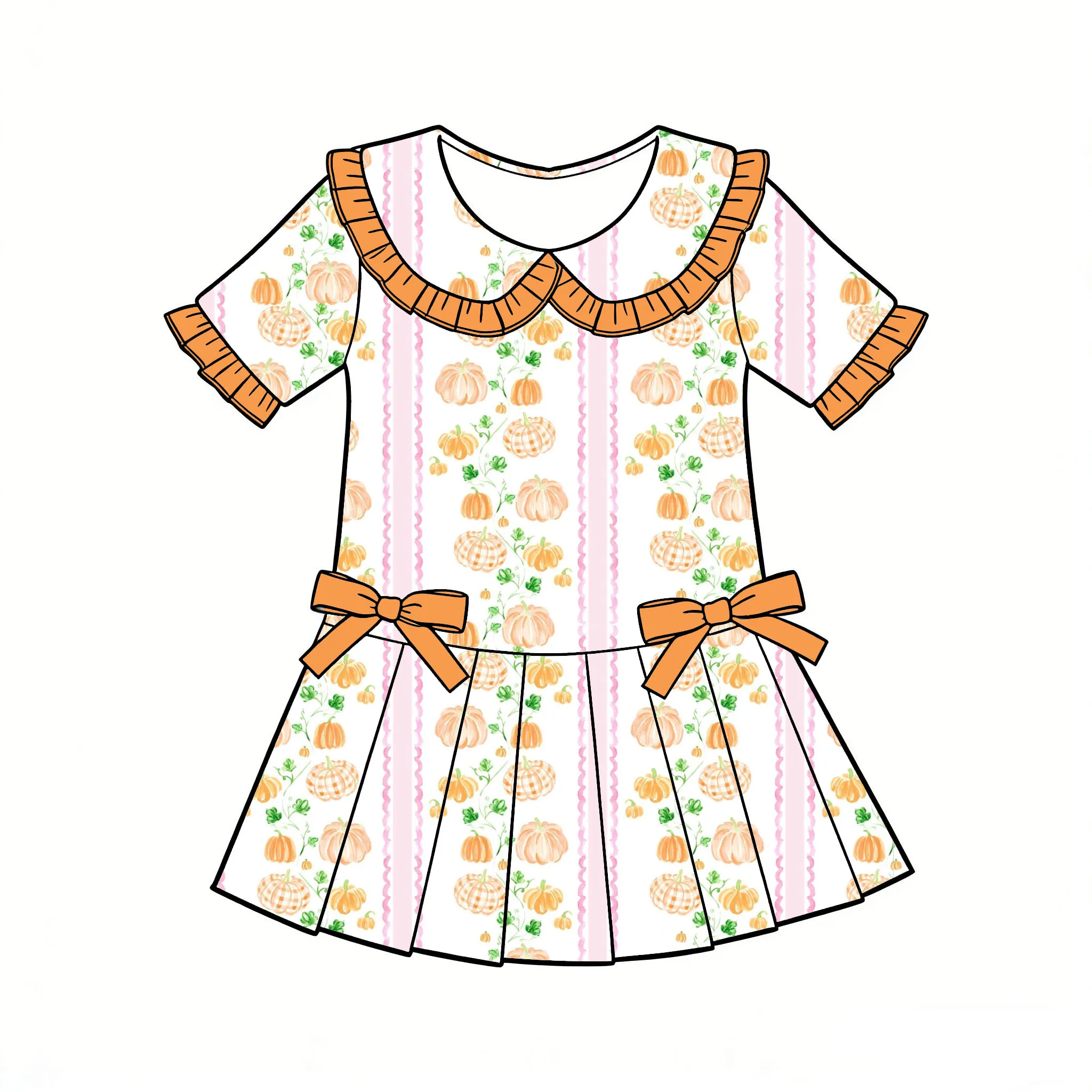 Boutique Girls' Dress Collared Ruffle Short-Sleeved Dress Bow Decorations Thanksgiving Day Pumpkin Bow Print Wholesale Custom