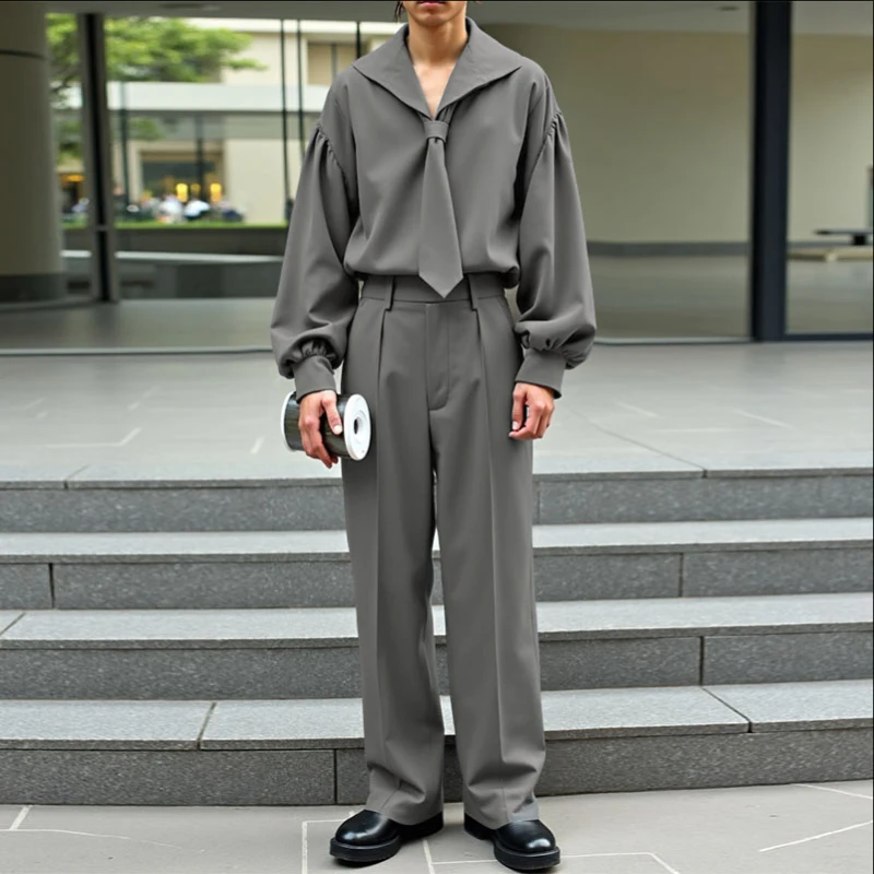 

INCERUN Мужские комплекты Однотонная рубашка с длинным рукавом с завязками и брюками Комплекты из двух предметов Уличная одежда Модные мужские повседневные костюмы оверсайз