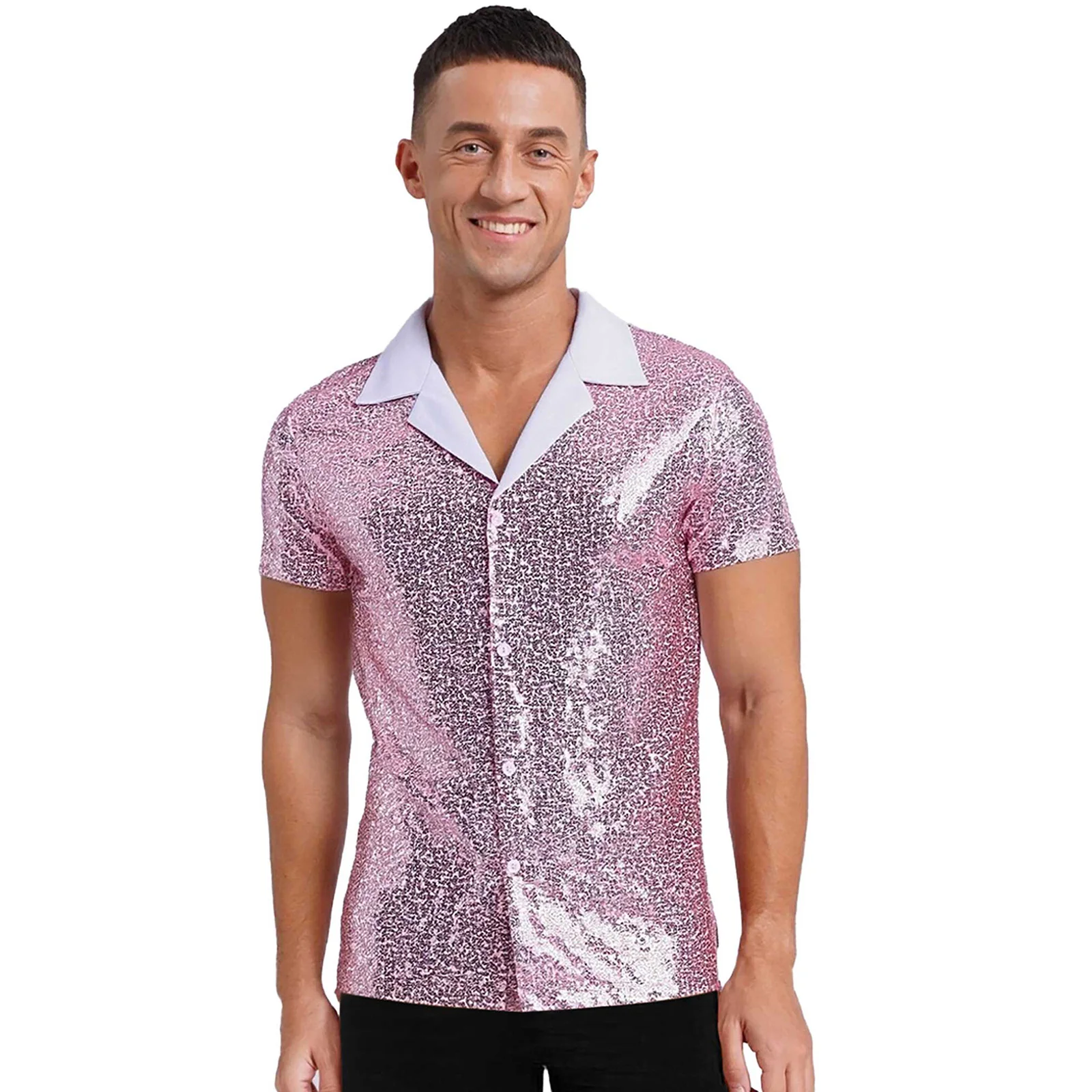 

Men Allover Glittery Sequin Disco Shirt Lapel Short Sleeve Button-down Blouse Tops for 70s 80s Rock Music Party Dancing Club Top