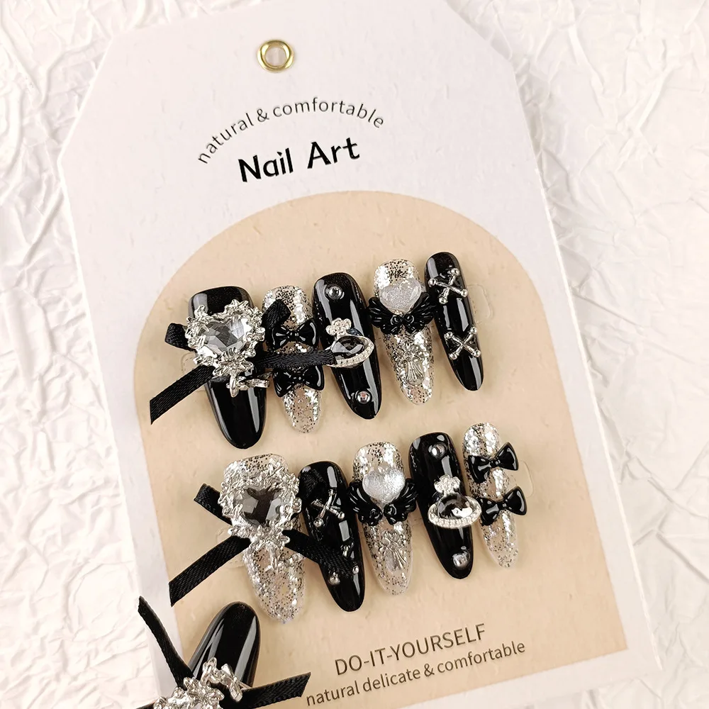Y2K Heart Bow Press on Nails – 10 punte per unghie in gel lucido fatte a mano, set di unghie indossabili stile Millennium Baddie