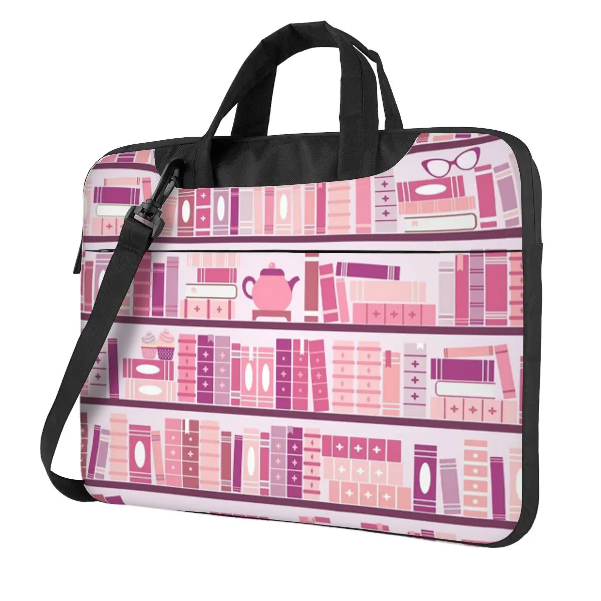 

Pink Bookcase Romance Tea Books Crossbody Laptop Bag Case Computer Bag Resistant Protective Notebook Pouch for Macbook Pro