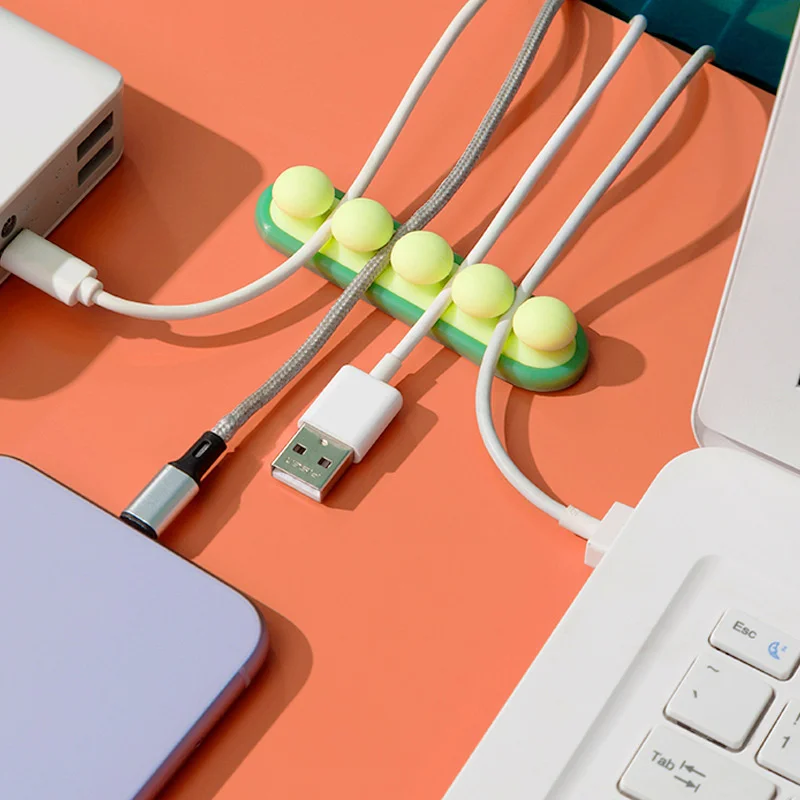 Cute Pea Pod Design Self-Adhesive Silicone Cable Management Organizer Wall-Mounted  Cable Holder for PC Laptop Phone Home Office