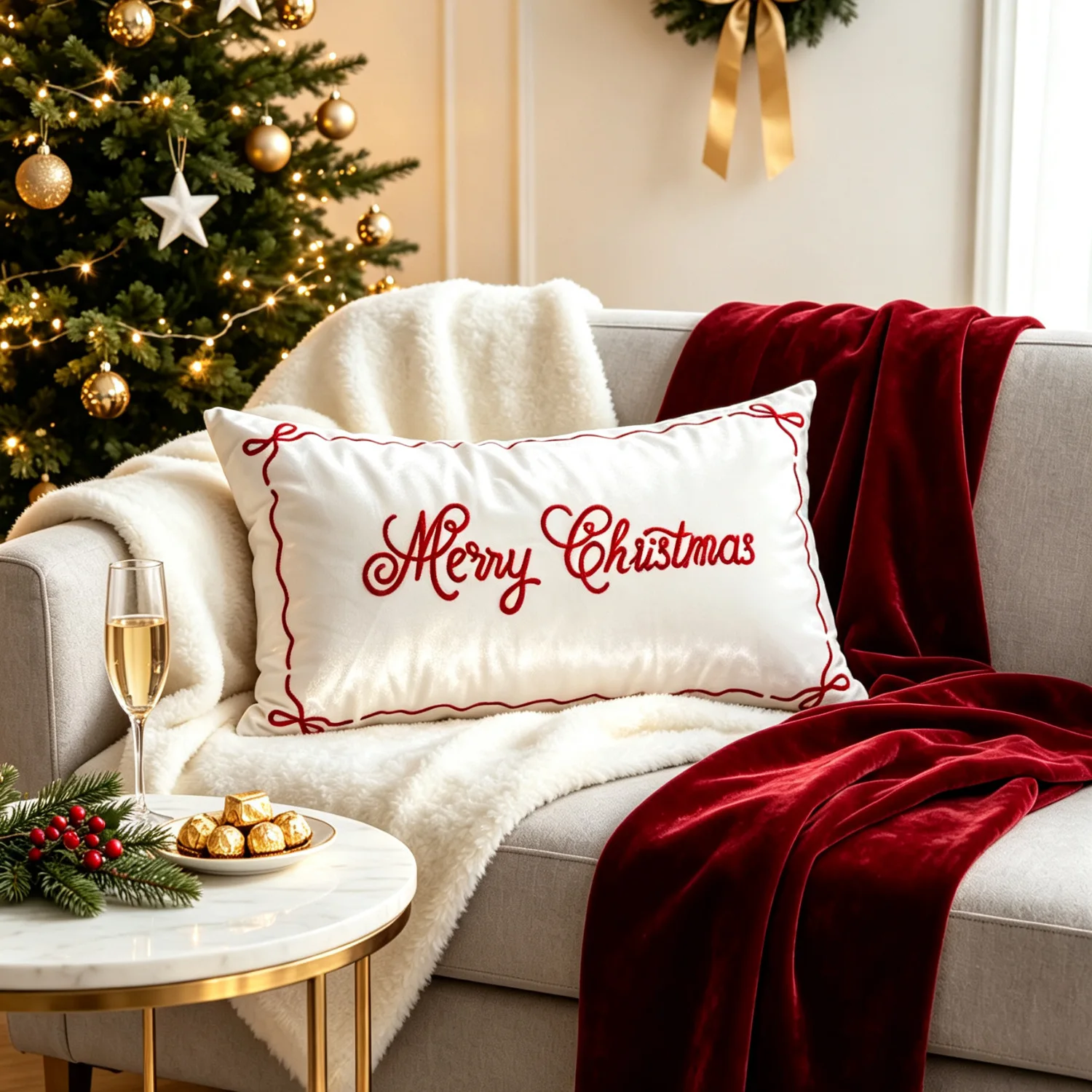 Christmas Embroidery Throw Pillowcase Cojines Red White Solid-Color Bowknot Decorative Pillow Cushion Cover Decor Home 30x50cm