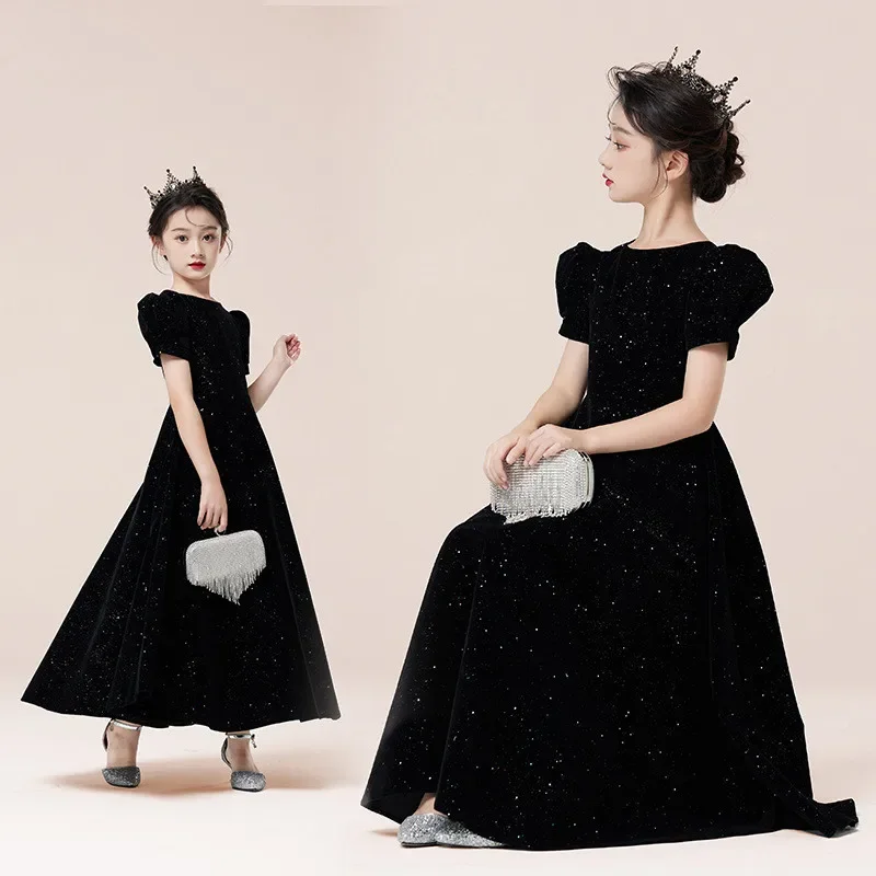 

Children Elegant Dresses Girl Princess Dresses Ball Evening Dressed Birthday Party Round Neck Bubble Short Sleeve Kid Girl Frock