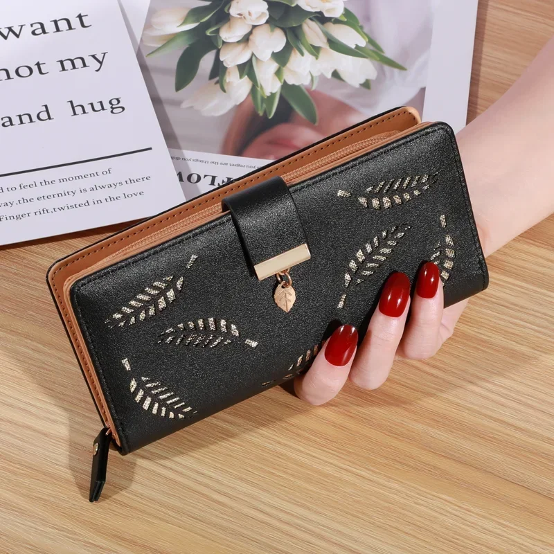 

Korean Style Fashion Long Women Wallet with Hollowed Out Leaves Large Capacity Multi Card Slot Card Bag Portable Casual Handbag