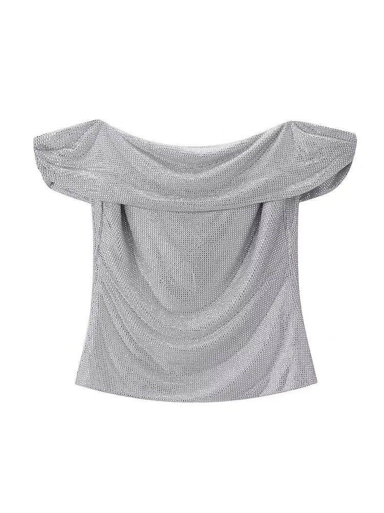 HH Weibliche Sexy Schlank Top Silber Einteiliges Kragen Ärmellose Backless Diamant Dekoration frauen Neue Mode Sommer Kurze Tops