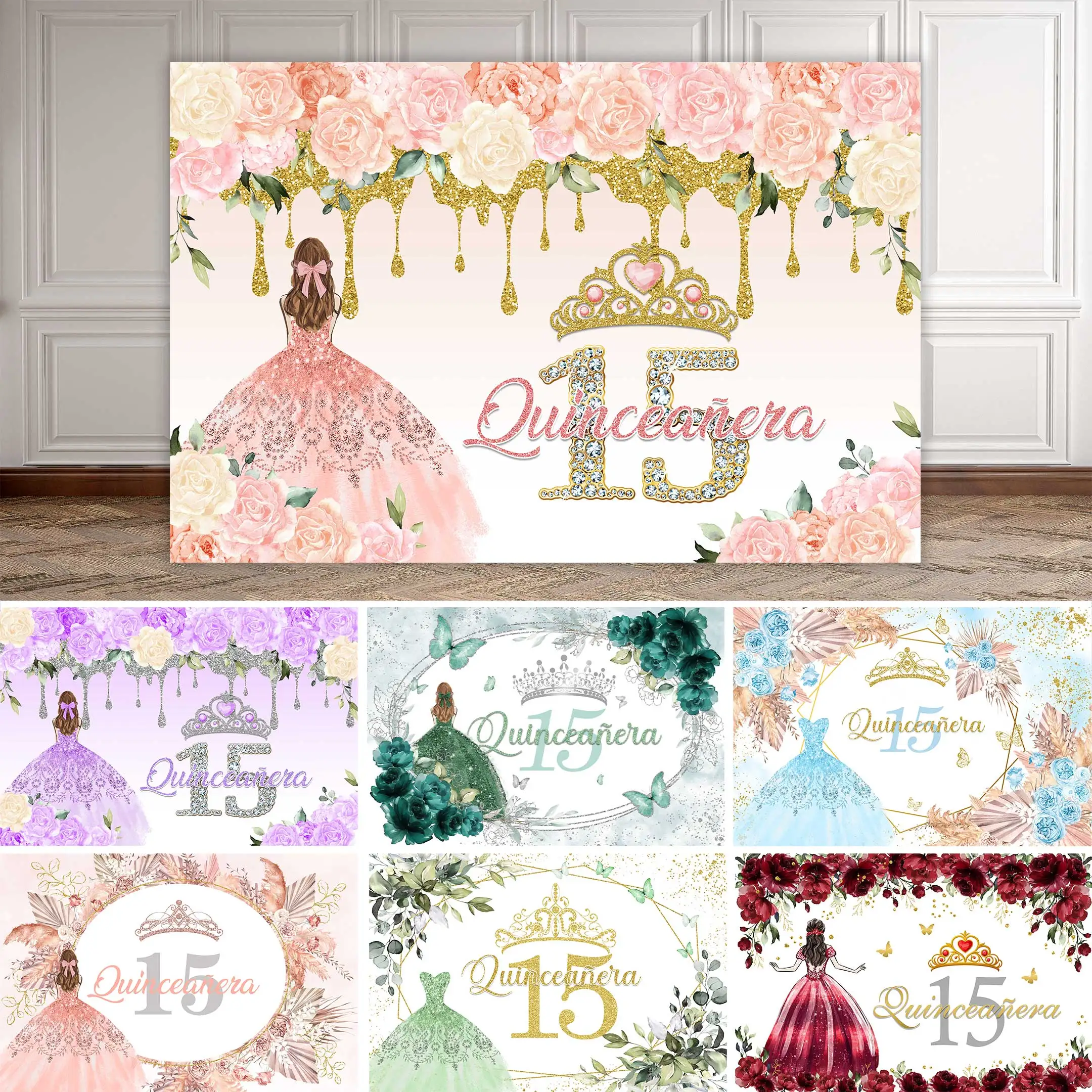 NeoBack Quinceanera Sweet 15th Princess Birthday Party Photographic Backdrops Girl Dress Glitter Crown Floral Photo Background