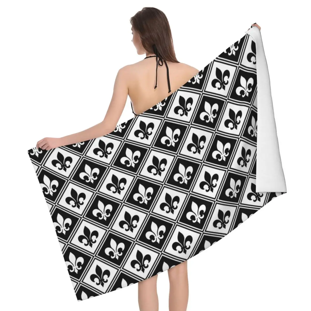 Customized Black Fleur De Lis And Diamond Pattern Beach Towel Fleur-De-Lys Lily Floral Breathable Microfiber Bath Towels