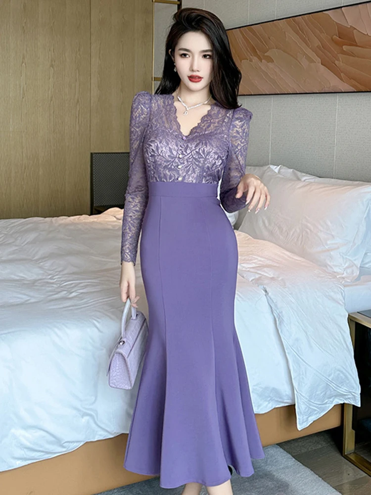 Celebrity Fake 2 Piece Dress Women Elegant Purple Sheer Lace Splice Fishtail Robe Femme Korean Party Office Lady Vestidos Spring