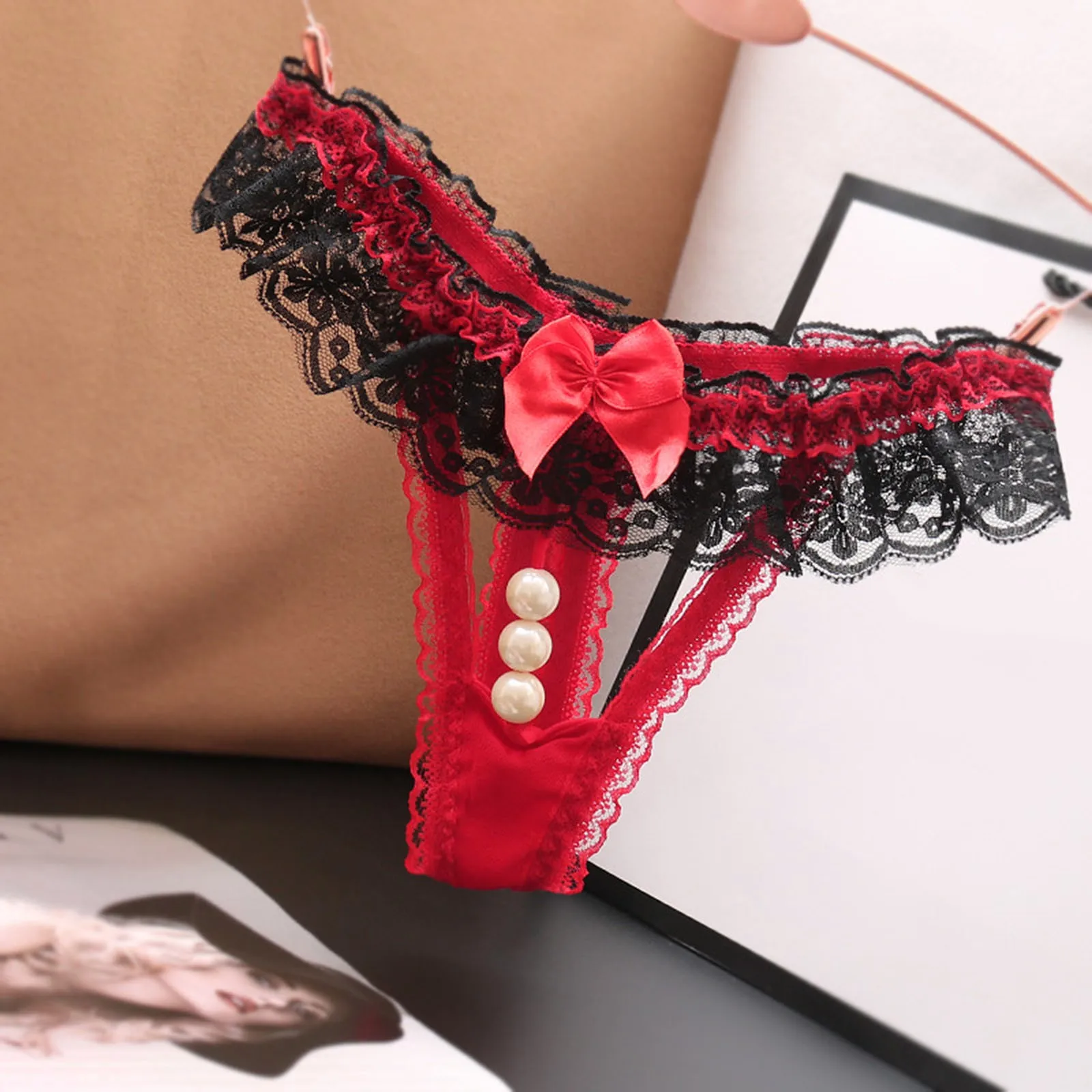 Erotic Cozy G-String Underpant Woman Low Waisted Lace Thongs Pearl Ball Nude Feeling Thong Panties For Ladies Interesting