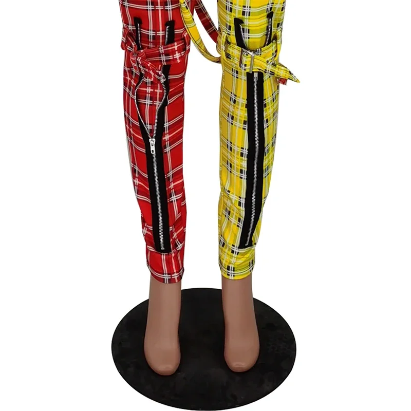Женские повседневные брюки в клетку, костюмы на молнии для девушек, осенне-зимняя одежда, уличная одежда, спортивные рождественские Брюки с высокой талией