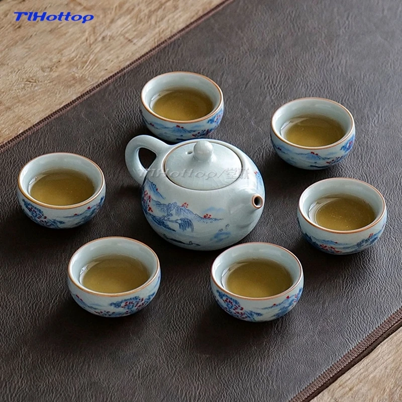 Kung Fu Tea Set Home Tianqing Ru Kiln Ceramic Office Tea Pot Cover Bowl Tea Cup