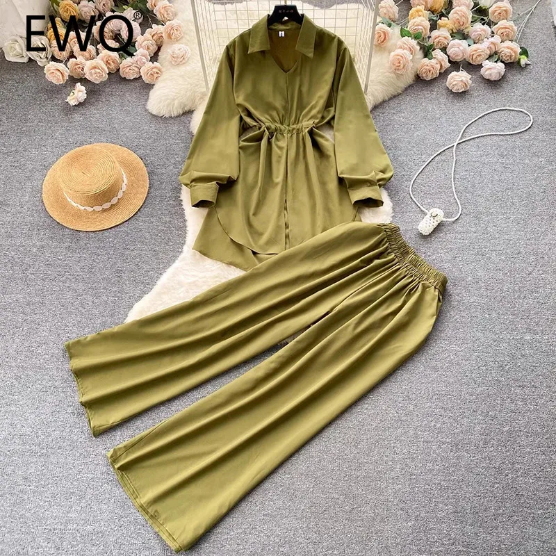 EWQ Casual Solid Sets For Women 2 Pieces Fashion 2024 Autumn V-neck Long Sleeve Drawstring Top＋high Waist Loose Pant 27X1068