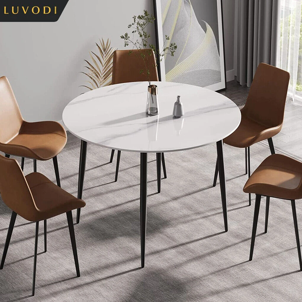 LUVODI 32inch Round Dining Table 2-4 People Restaurant Kitchen Cafe Shop Marble Coffee table White n Grey Dining Room Furniture