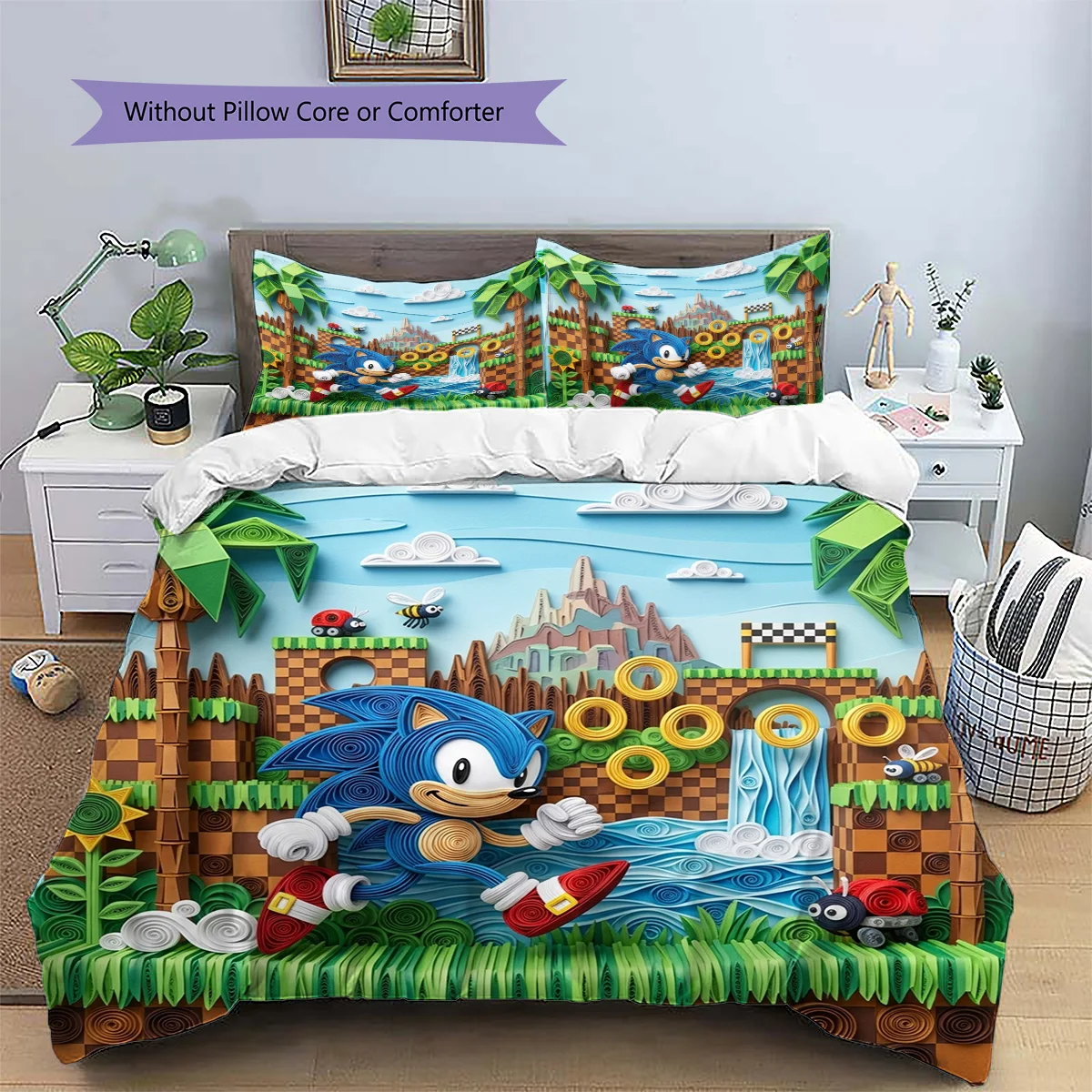 Hedgehog Sonic Patterned Pillowcase & Duvet Cover Set Bedroom Classic Anime Bedding Decor Wonderful Enthusiast Gift.-TING