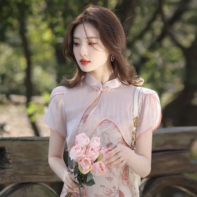 sexy chinese clothes Pink Cheongsam Sexy Dress Young Summer Chinese Daily Improvement Young Girl  Women's Clothing Modern Chi-pao