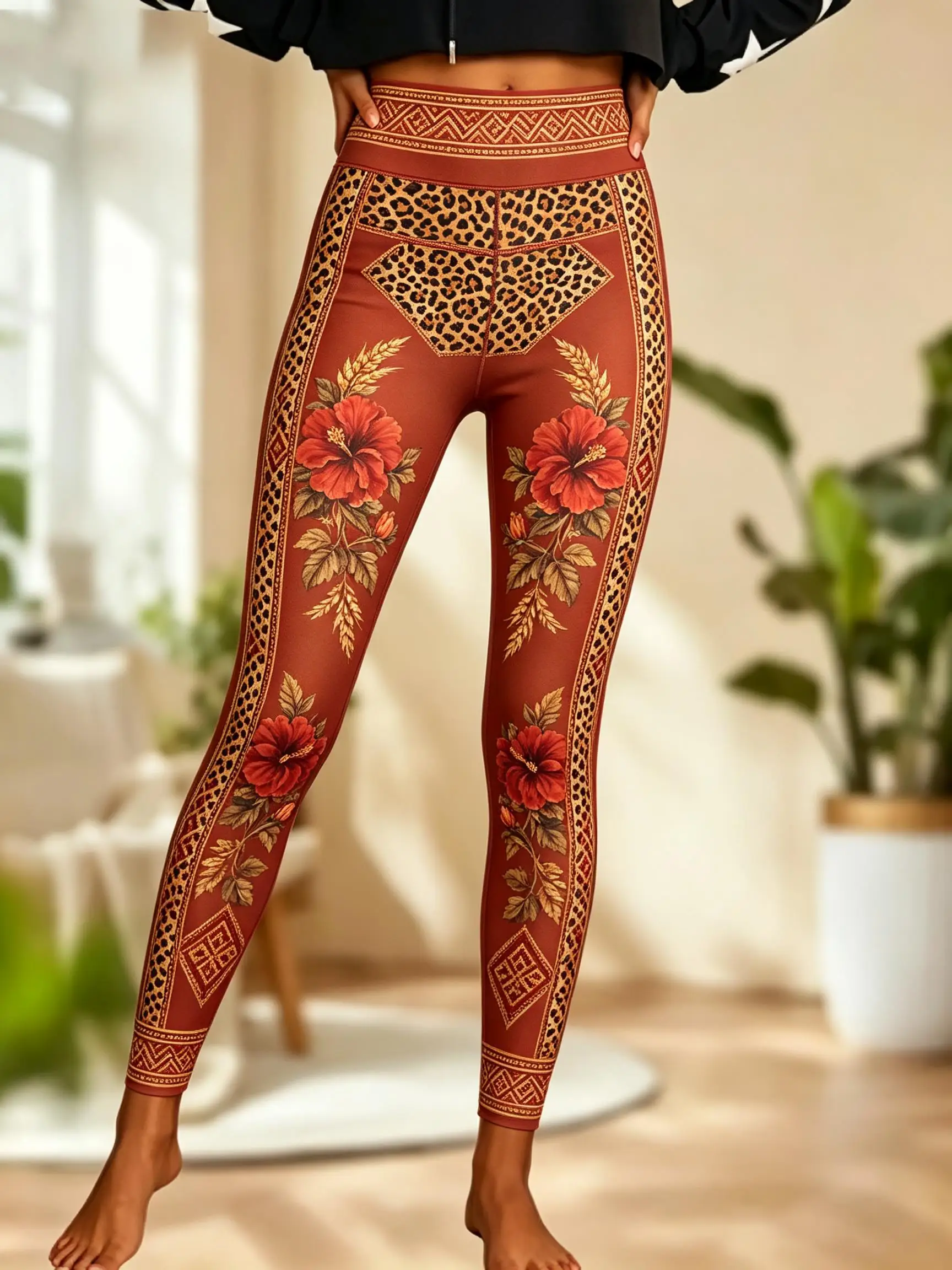 Women Fleece‑lined Mid‑rise Leggings Brown Leopard Waistband Red Rose Floral Vine Tribal Border Print Slim Stretch  Casual Pants - view 5