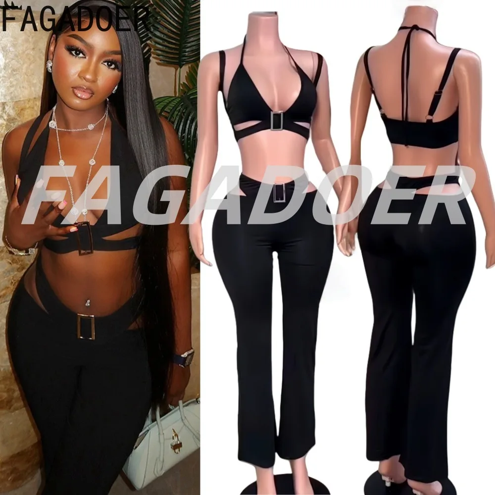 

FAGADOER Y2K Sexy Hollow-out 2 Piece Sets Women Outfit Stretch Halter Metal Buckle Tank Tops + Pants Matching Female Clubwear