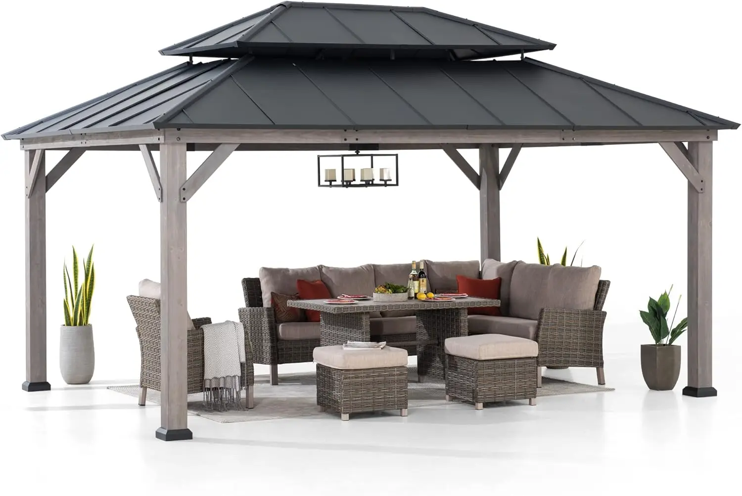 12 x 16 ft. Wood Gazebo, Outdoor Patio Hardtop Gazebo, Standard Cedar Framed Wooden Gazebo with 2-tier Metal Roof