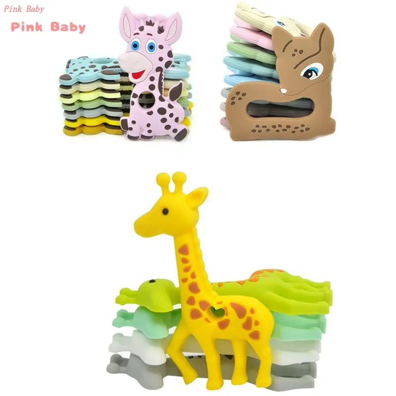 2pcs Cartoon Deer Giraffe Silicone Animal Teether Teeth Care Teething Molar Rodents Toy DIY Baby Pacifier Chain Teether BPA-Free