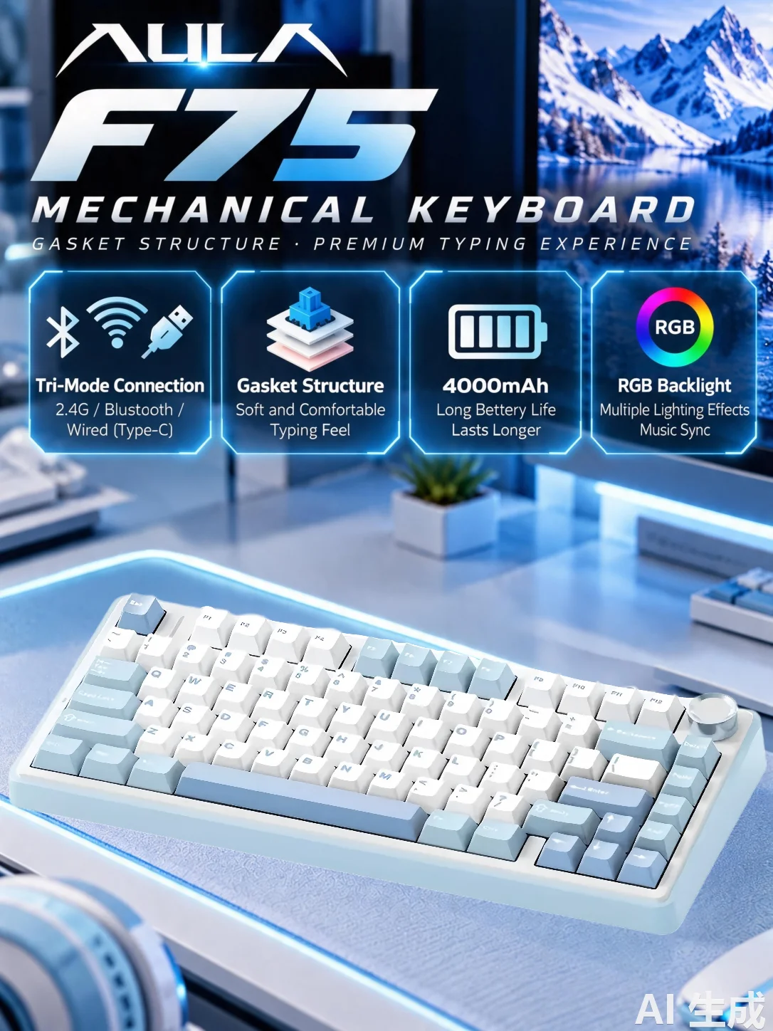 Teclado Mecânico Gamer Sem Fio AULA F75 80 Teclas 75% Tri Modo Bluetooth 2.4G USB-C RGB Gasket Hot Swappable 4000mAh