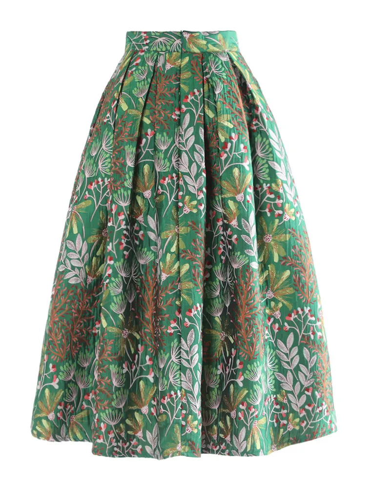 High Quality New Spring Autumn Green Jacquard Mid-long Puff Skirt Elegant All-match High Waist Casual A-line Umbrella Skirts