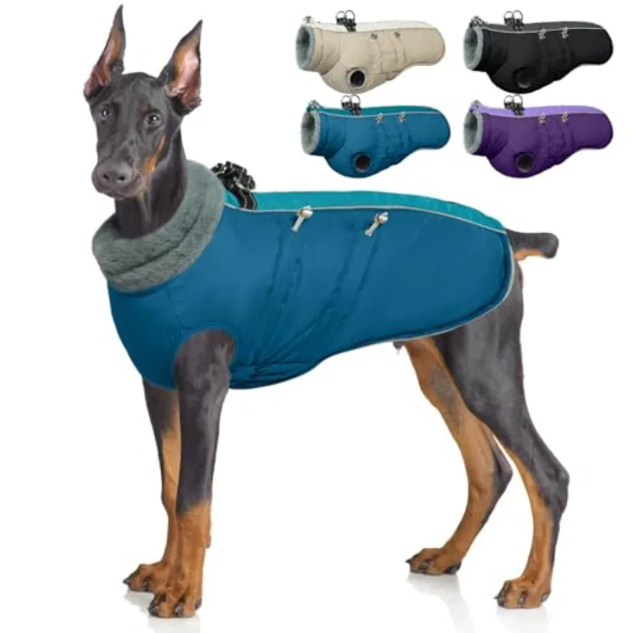 

Теплая водонепроницаемая светоотражающая зимняя куртка для собак с поводком, флисовая, с высоким воротником, для маленьких, средних и крупных пород