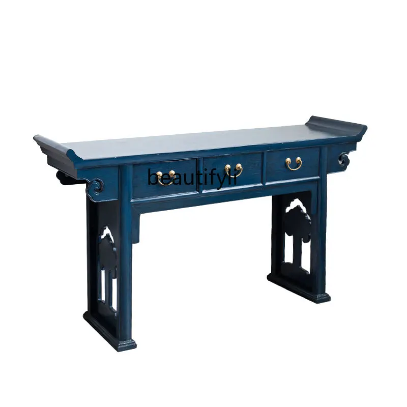 

Chinese old elm hollow strip case, solid wood antique painted lacquer table side few storage supply