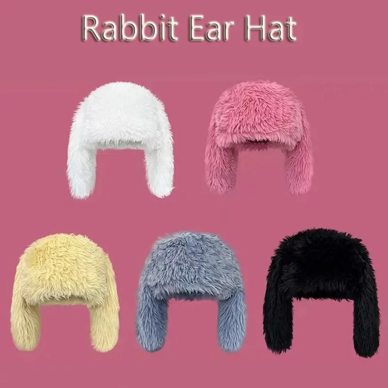 

New fur Solid color Rabbit Ears Knitted Hat Niche Design Personality Fashion cap Men Women Cute Warm Winter hip hop Tide caps