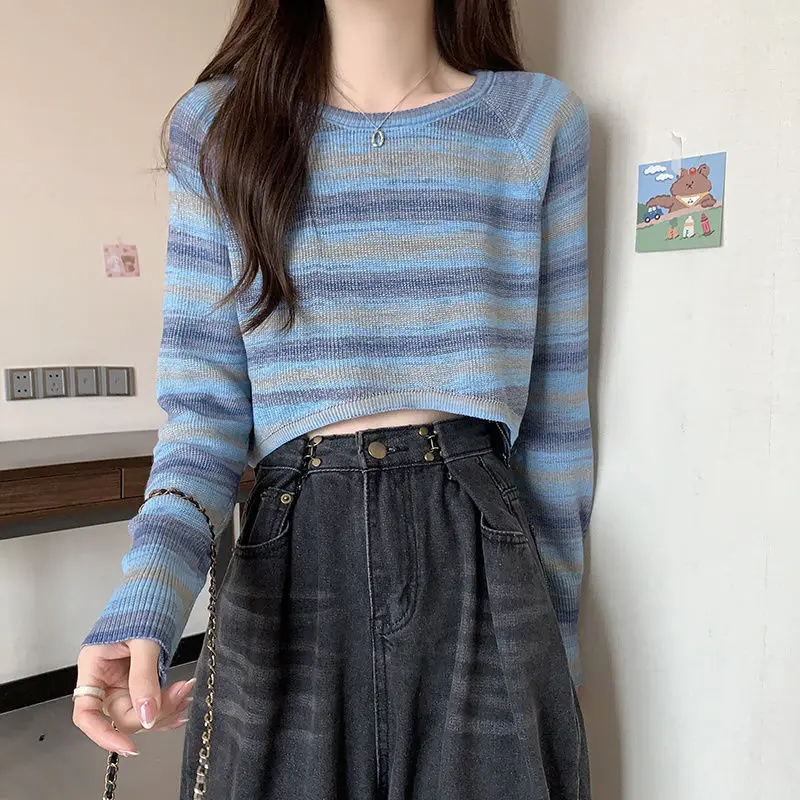 Knitted Pullover Gradient Color Striped Autumn Women Casual Loose Long Sleeve T-Shirt Spring Vintage Girl Thin Sweater Crop Tops