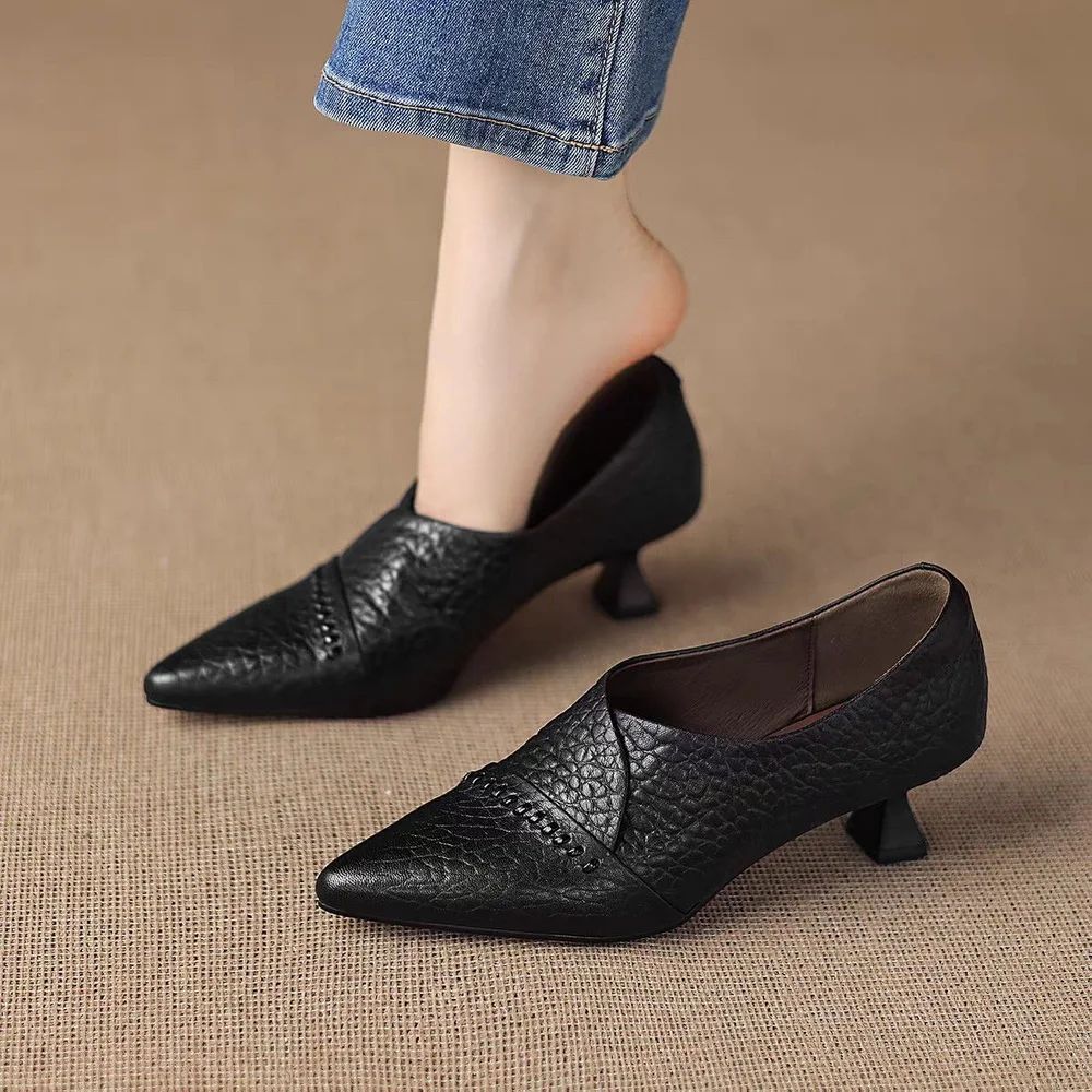 

Новые женские туфли FHC из мягкой кожи на среднем каблуке, офисная обувь для деловых женщин, плетеный дизайн, заостренный носок, размеры 34-42, черные, дропшиппинг