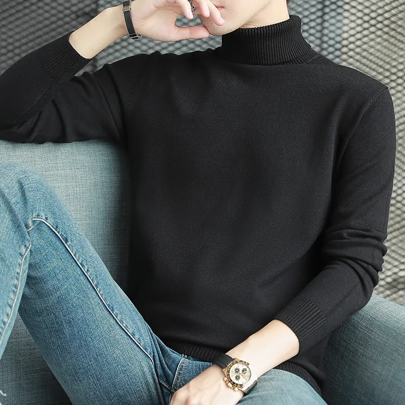 

Мужской вязаный свитер с высоким воротником, однотонный, с двойным воротником, круглый, средней высоты, осенне-зимний, модный базовый слой
