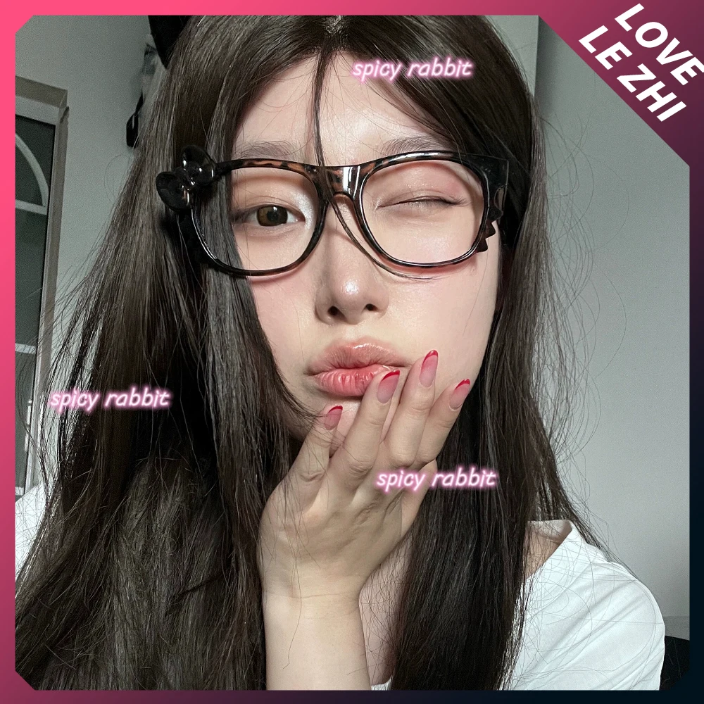 Y2K Fashion Leopard Print Bow Spice Girl Glasses Fashion Vintage Cartoon Large Oval Frame Eyeglasses Without Lenses Glasses