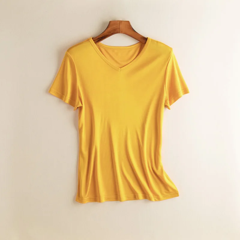 Imagem -03 - Camiseta Reta de Seda Feminina Manga Curta Top de Seda Amoreira Decote em v Camisa de Assentamento Simples Moda Feminina Solta Sólida Novo Estilo