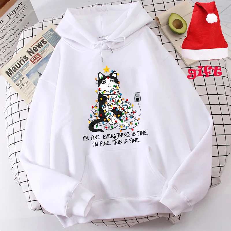 

Funny Cat Christmas Hoodies for Women Everything Is Fine Sweatshirts Xmas Lights Cat Hoodies Cat Lover with Christmas Hats
